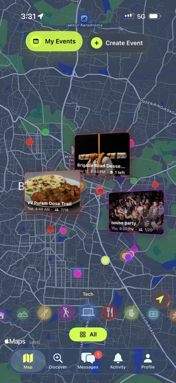 PlsTouchGrass map view showing hangout pins across Bangalore